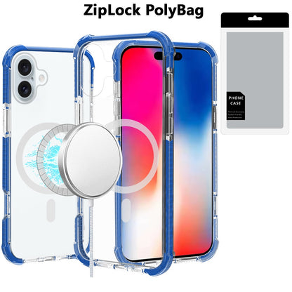 For iPhone 16 (6.1") Magnetic Acrylic Case Transparent Back, Rugged Colorful Frame, Shockproof Hybrid, MagSafe Compatible Case Cover Blue