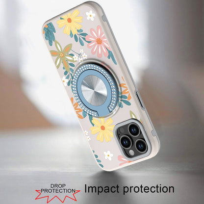 For Apple iPhone 11 Pro Max Pattern Design Hybrid with Invisible Ring Stand & Magnetic Back, Shockproof Protective Grip Case Cover Summer Blossom Flowers