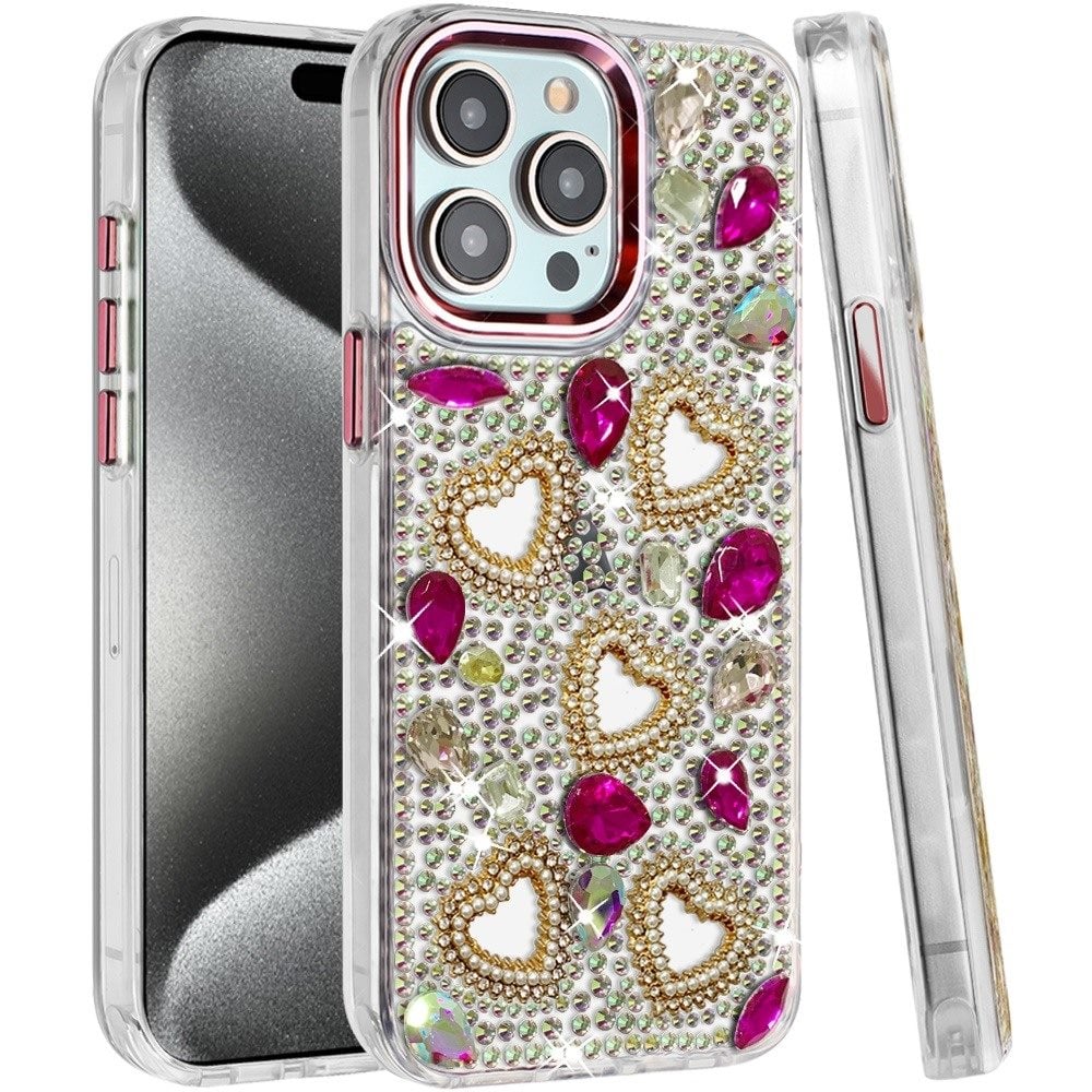 Phone Case for Apple iPhone 15 Pro Max Luxury Crystal Heart Rhinestone Diamond Bling Shockproof Hybrid Glitter Protective Stylish Durable Grip Cover