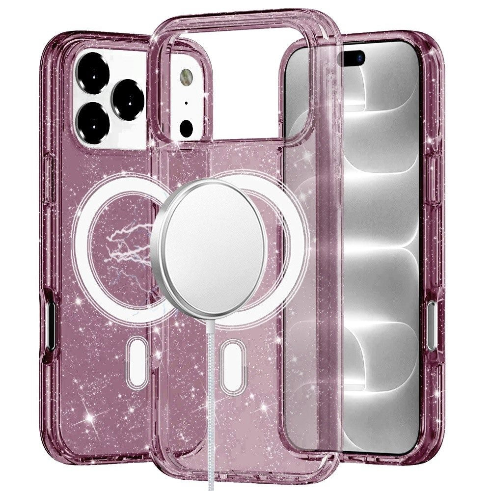 Phone Case for Apple iPhone 18 Pro/ 17 Pro Glitter Magnetic Transparent Shockproof Hybrid TPU Thick 3mm Grip Durable Camera Protection Anti-Slip Cover Purple