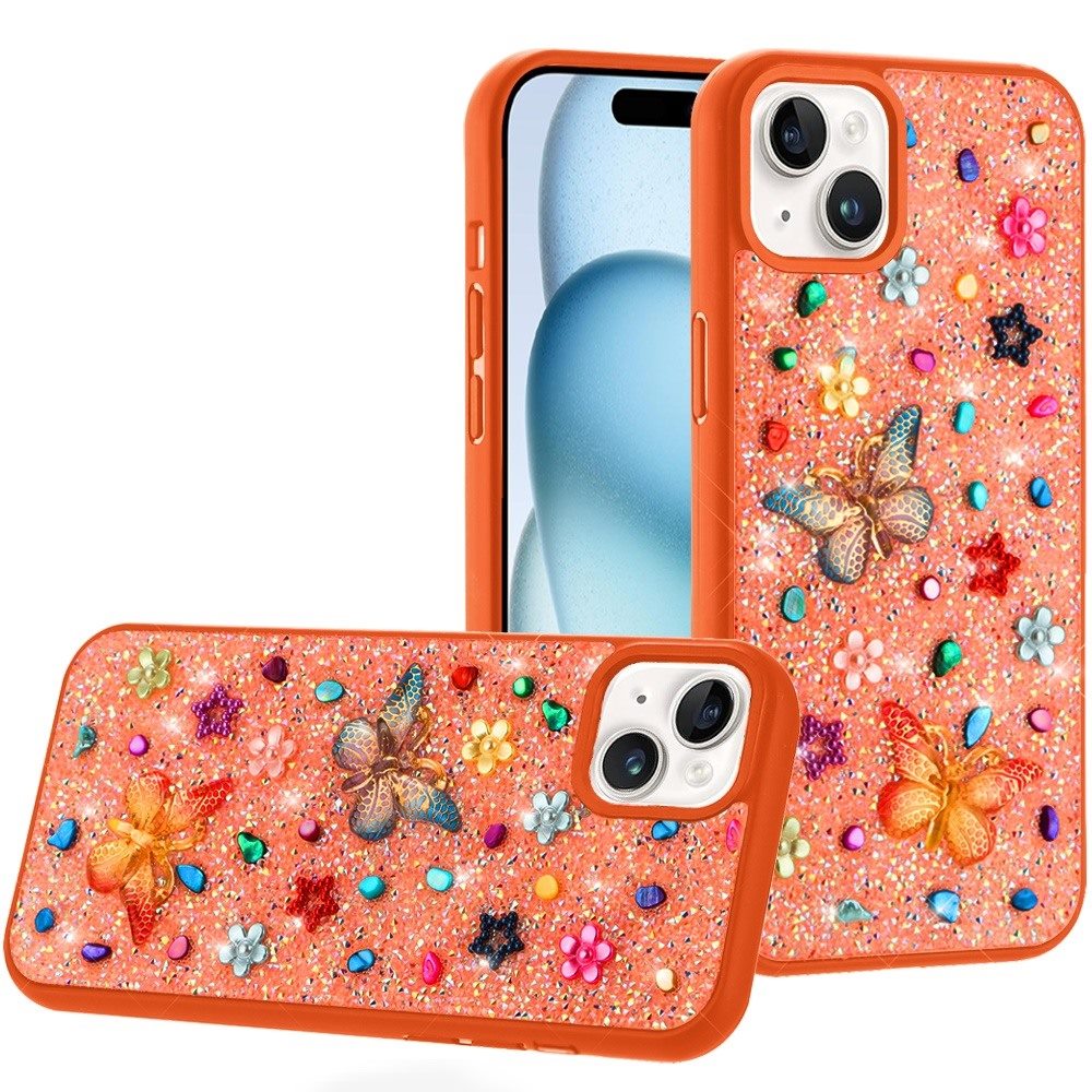 Phone Case for iPhone 15 (6.1") 3D Butterfly Diamond Bling Glitter Shockproof Stylish Protective Luxury Hybrid Sparkly Durable Grip Design Cover Cosmic Orange