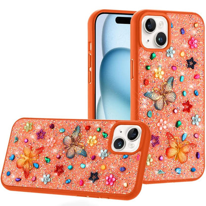 Phone Case for iPhone 15 (6.1") 3D Butterfly Diamond Bling Glitter Shockproof Stylish Protective Luxury Hybrid Sparkly Durable Grip Design Cover Cosmic Orange