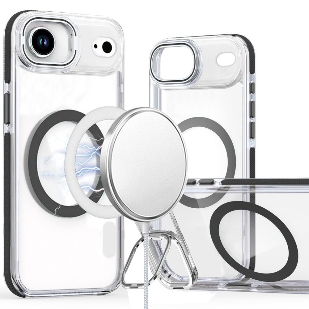For Apple iPhone 17 AIR Hybrid Clear Back Case with Invisible Camera Bracket Stand, MagSafe Magnetic Circle, Shockproof Color Frame Case Cover Black
