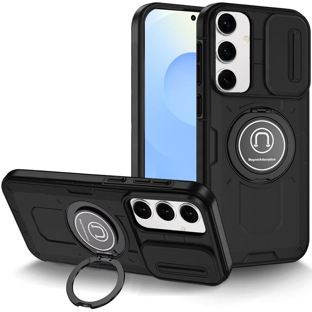 For Samsung Galaxy S25 Ultra Build in Invisible Magnetic Ring Stand with Slide Camera Protector, fit Magnetic Car Mount [Compatible with MagSafe] Case Cover