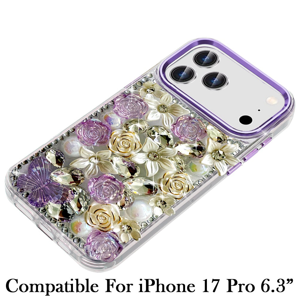 Phone Case for Apple iPhone 18 Pro Luxury Rose Bling Rhinestone Glitter Floral Hybrid Shockproof Stylish Protective Designer Ornament Sparkle Cover Purple