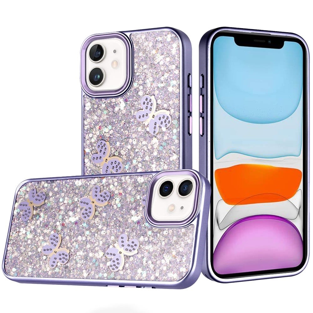 Phone Case for Apple iPhone 11 Cute Butterfly Diamond Glitter Metallic Hybrid Shockproof Shimmer Grip Stylish Protective Luxury Designer Cover Dark Purple