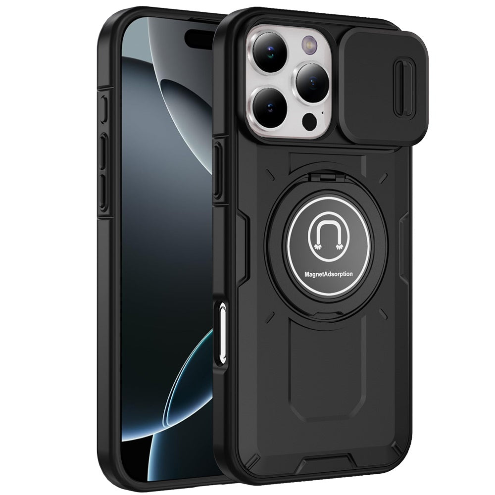 For Apple iPhone 16 Pro Max Build in Invisible Magnetic Ring Stand with Slide Camera Protector, fit Magnetic Car Mount [Compatible with MagSafe] Case Cover