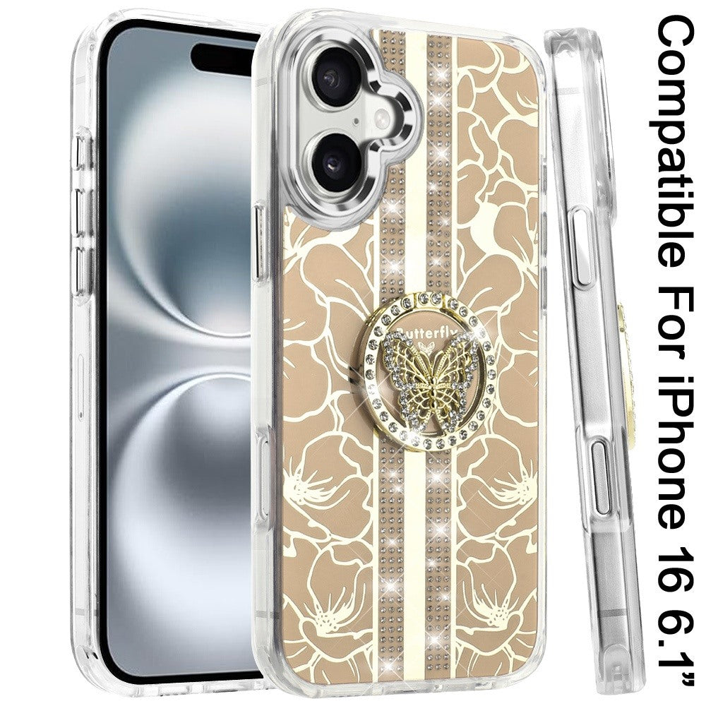 Phone Case for Apple iPhone 16 Floral Butterfly Ring Stand Glitter Bling Shockproof Hybrid Luxury Fashion Protective Anti Slip Durable Grip Cover