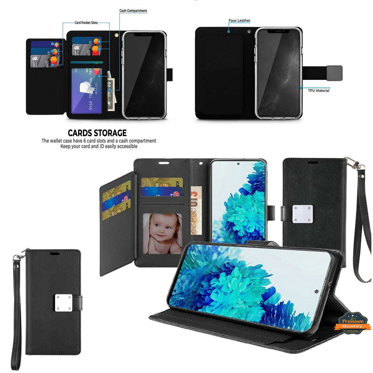 Phone Case for Apple iPhone 15 Pro Wallet Credit Card Holder Leather Grip Shockproof Hybrid Protective Style Durable Flip Pouch Cover Black
