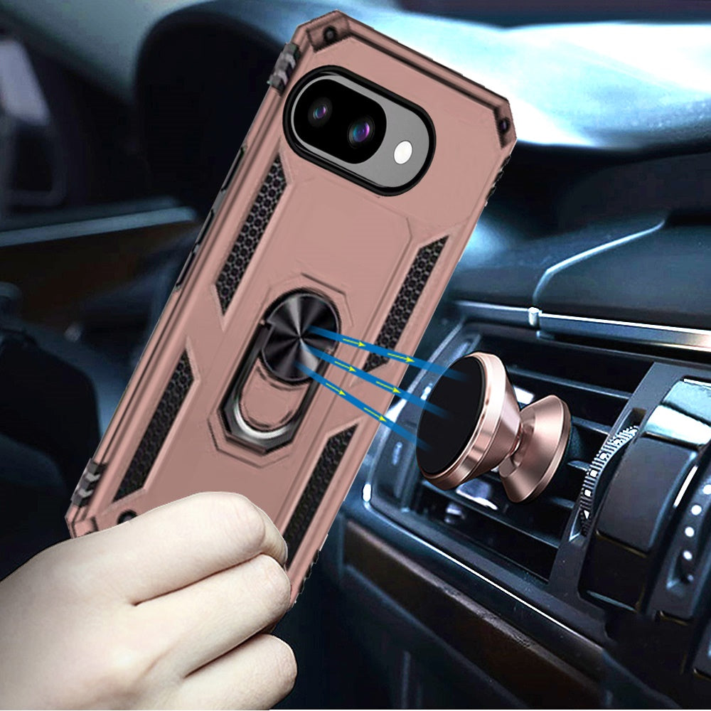 For Google Pixel 9A Hybrid Shockproof Durable 360 Degree Rotatable Ring Stand Holder Kickstand Fit Magnetic Car Mount Case Cover Rose Gold