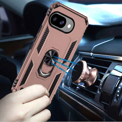 For Google Pixel 9A Hybrid Shockproof Durable 360 Degree Rotatable Ring Stand Holder Kickstand Fit Magnetic Car Mount Case Cover Rose Gold