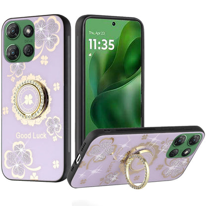 For Motorola Moto G 5G 2025 Diamonds 3D Fashion Floral Bling Sparkly Glitter Ornaments Engraving Hybrid with Ring Stand Case Cover Purple Good Luck Floral