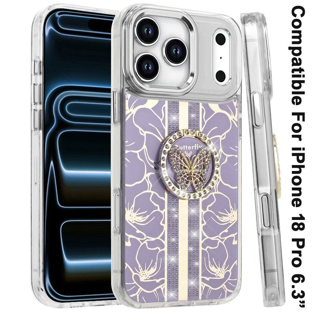 Phone Case for Apple iPhone 18 Pro Floral Butterfly Ring Stand Glitter Bling Shockproof Hybrid Luxury Fashion Protective Anti Slip Durable Grip Cover