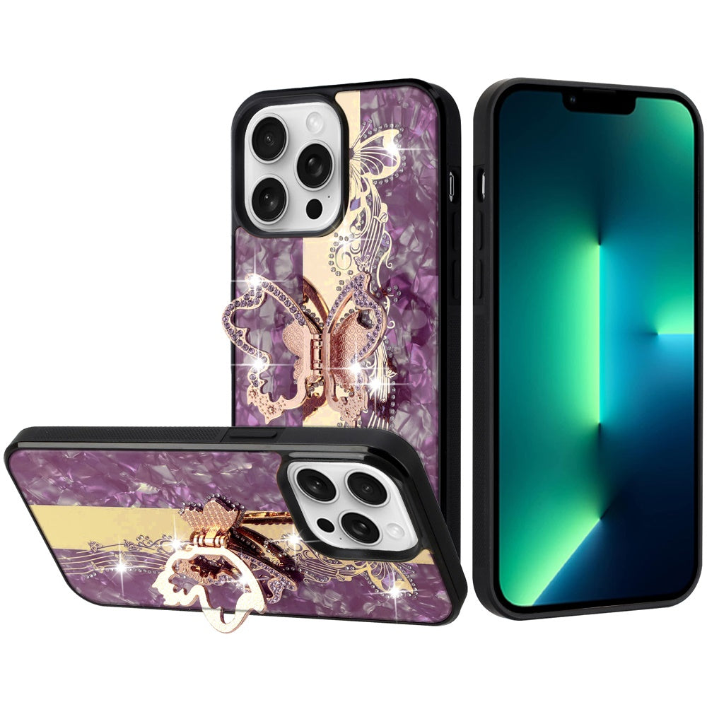 Phone Case for Apple iPhone 13 Pro Max Diamond Glitter Butterfly Engraved Ring Stand Luxury Bling Hybrid Shockproof Chrome Edge Protective Durable Grip Cover Purple