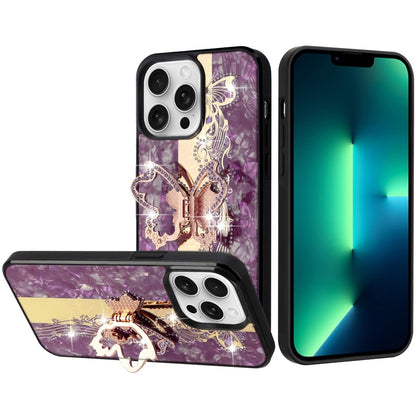 Phone Case for Apple iPhone 13 Pro Max Diamond Glitter Butterfly Engraved Ring Stand Luxury Bling Hybrid Shockproof Chrome Edge Protective Durable Grip Cover Purple
