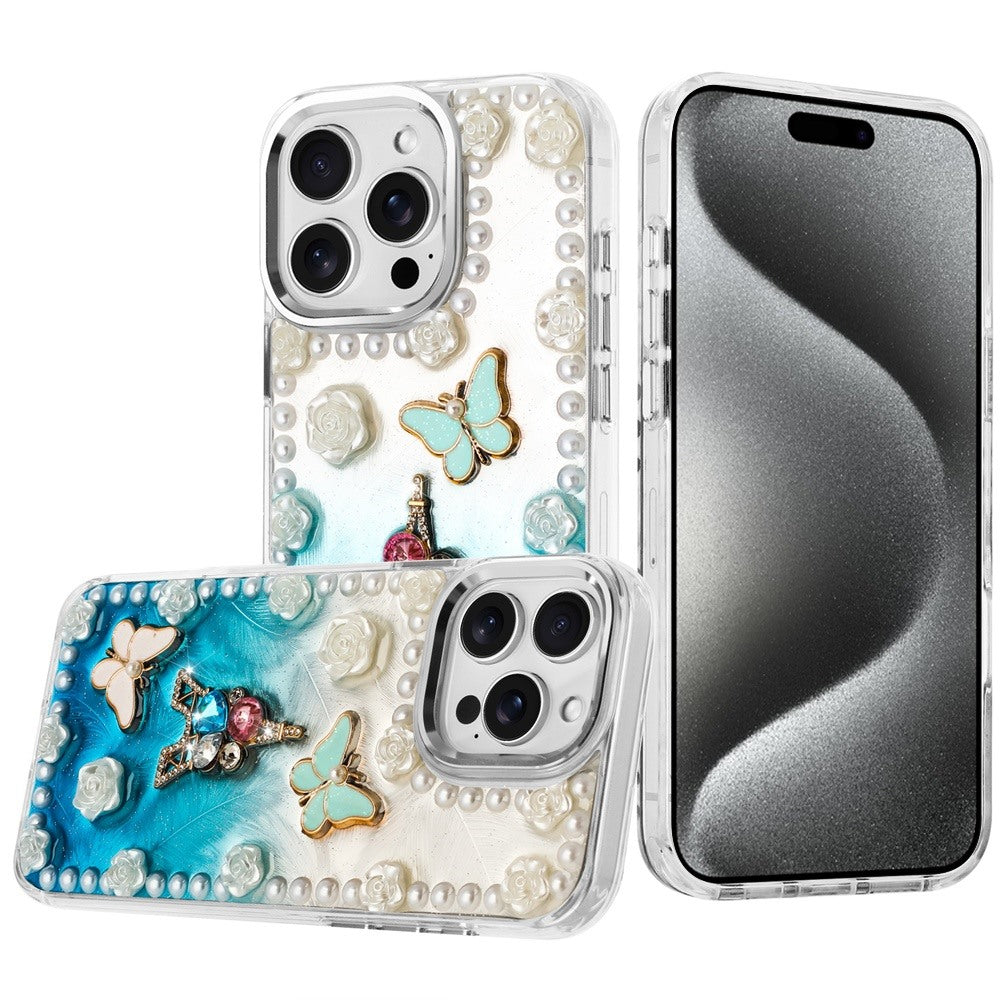 For Apple iPhone 13 Pro Max Bling Fashion Design with 3D Pearls Epoxy Glitter Ornaments Chrome Edge Hard Slim PC Case Cover