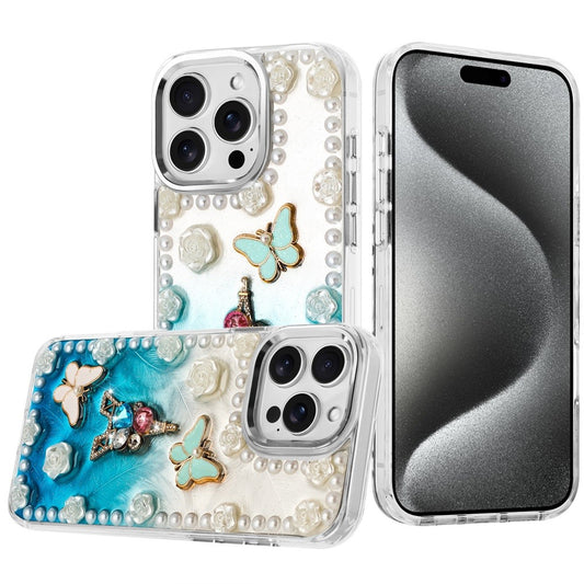 For Apple iPhone 13 Pro Max Bling Fashion Design with 3D Pearls Epoxy Glitter Ornaments Chrome Edge Hard Slim PC Case Cover