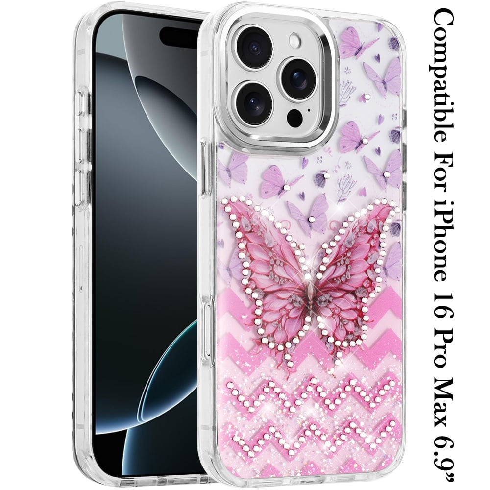 Phone Case for Apple iPhone 16 Pro Max Butterfly Resin Epoxy Diamond Bling Metal Edge Shockproof Hybrid Luxury Protective Durable Stylish Fashion Grip Cover Light Pink