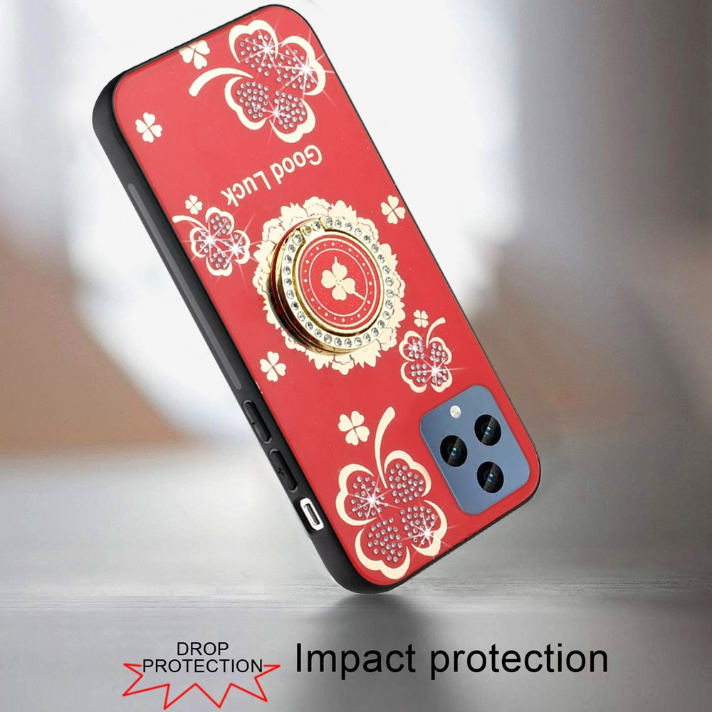 For Samsung Galaxy Z Flip 7 FE Diamonds 3D Fashion Floral Bling Sparkly Glitter Ornaments Engraving Hybrid with Ring Stand Case Cover Red Good Luck Floral