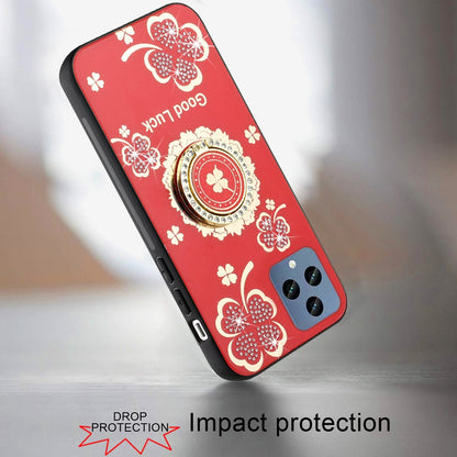 For Samsung Galaxy Z Flip 7 FE Diamonds 3D Fashion Floral Bling Sparkly Glitter Ornaments Engraving Hybrid with Ring Stand Case Cover Red Good Luck Floral