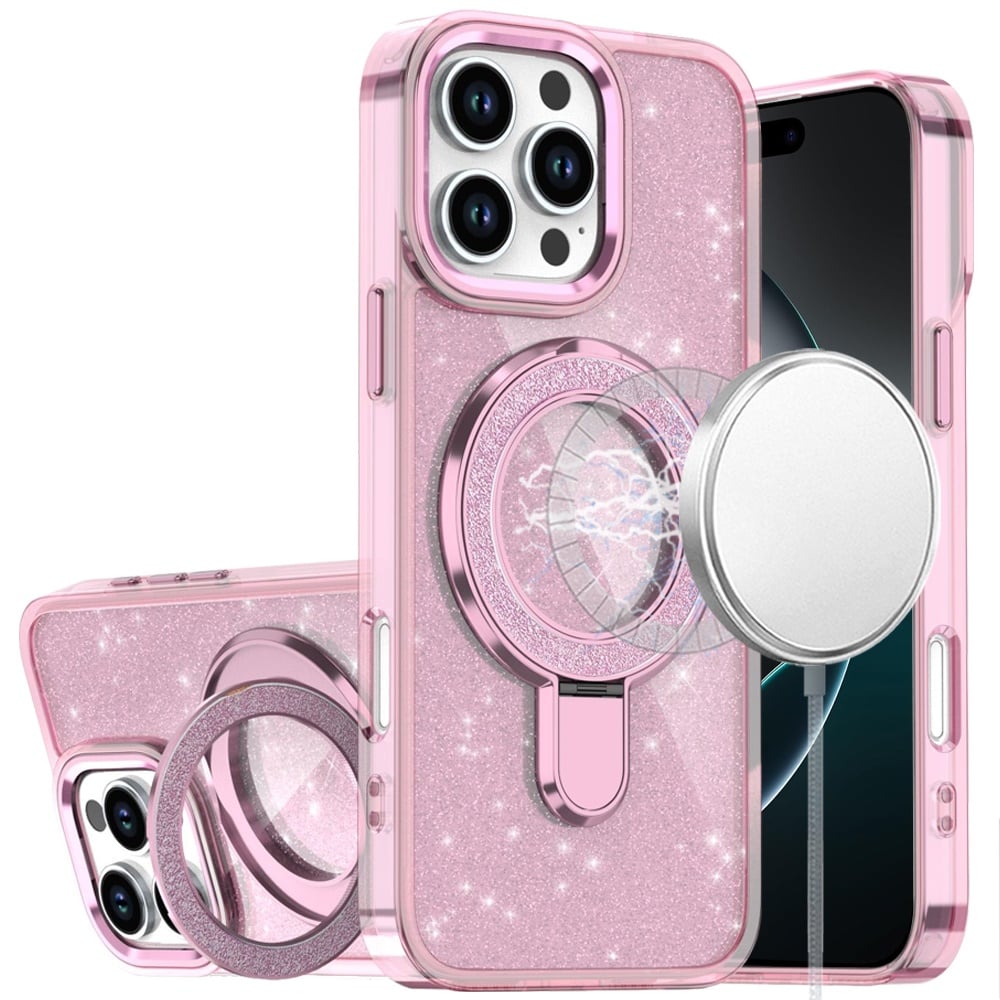 For iPhone 16 Pro Max (6.9") Transparent Glitter Bling Case with Rotating Magnetic Ring Stand, Shockproof Hybrid Protector Light Pink
