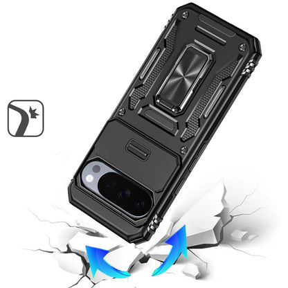 Phone Case for Google Pixel 11 Pro XL Tough Metal Ring Shockproof Sliding Camera Window Hybrid Armor Rugged Anti Slip Heavy Duty Grip Cover