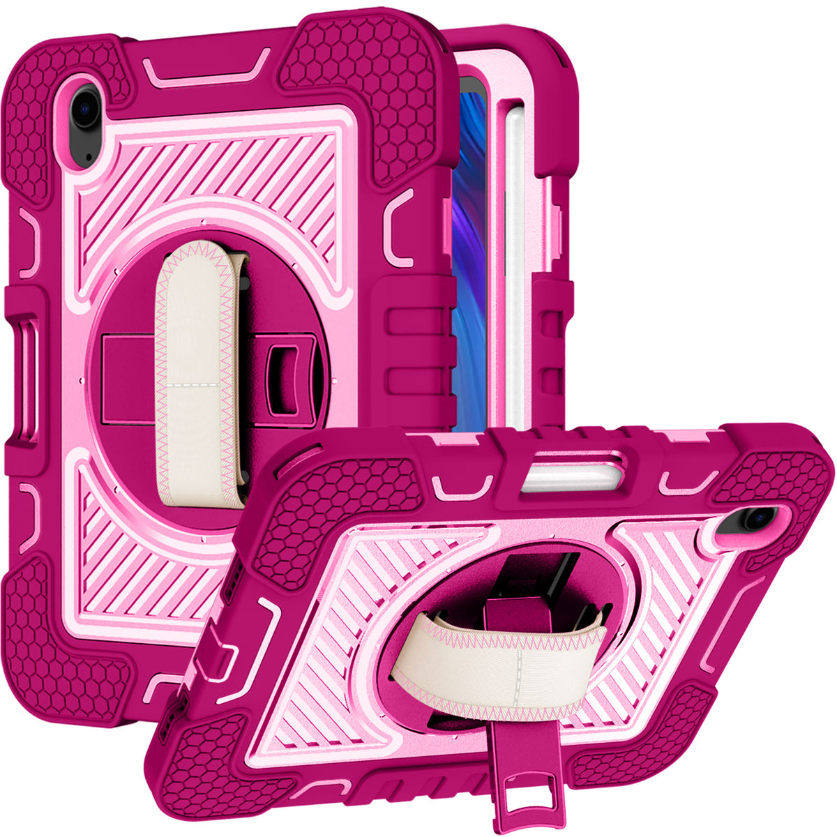 For Hybrid 3in1 Multi-Functional Shockproof Tablet Case with Hand, Shoulder Strap, Pencil & Stand Holder Rose Pink Tablet Case Cover