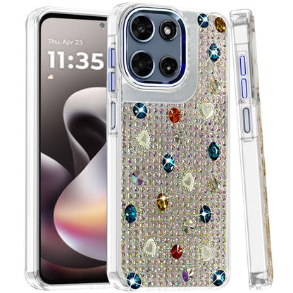 Phone Case for Motorola Moto G Stylus 5G 2026 /2025 Chrome Fashion Hybrid Bling Diamond Heart Rhinestone Decorative Stones Sparkling Embellished Design Cover