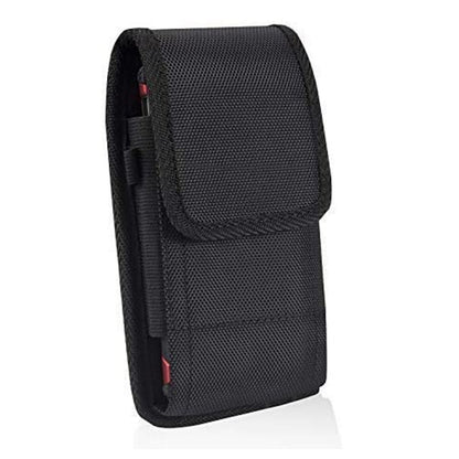For Apple iPhone 16 (6.1") Nylon Canvas Fabric Waist Belt Holster Vertical Pouch Holds Large Phone Works with Thick Cases Universal Cover [Black]