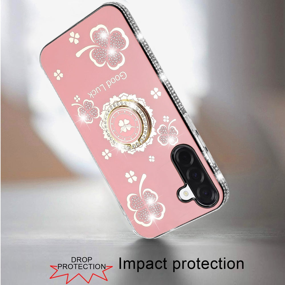 Phone Case for Samsung Galaxy A37 / A36 Glitter Diamond Ring Stand Sparkle Rhinestone Edge AntiSlip Kickstand Luxury Fashion Bumper Shockproof Cover Pink