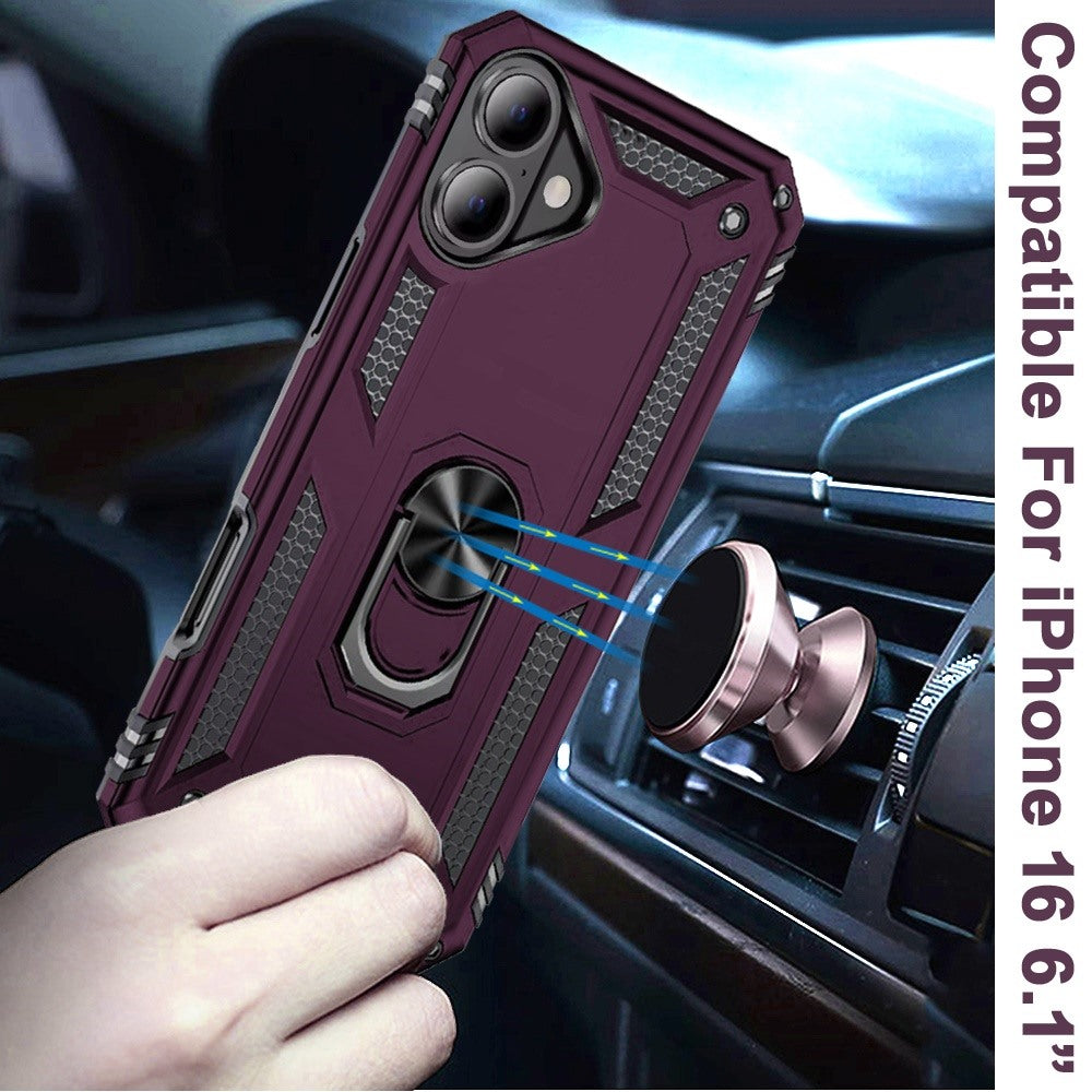 Phone Case for Apple iPhone 16 Rotatable Ring Stand Shockproof Hybrid Armor Anti Slip Heavy Duty Fit Magnetic Car Mount Durable Grip Cover Purple
