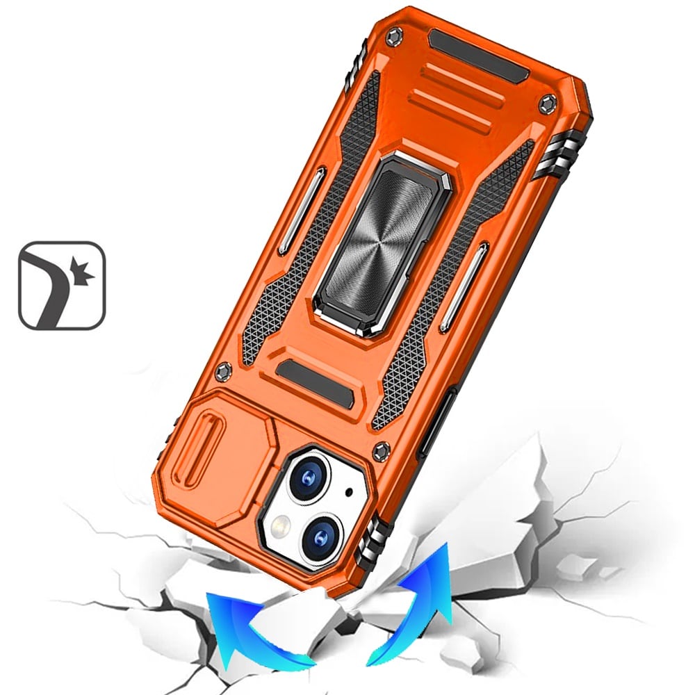 For iPhone 15 Plus (6.7") Tough Hybrid Case with Movable Camera Window & Metal Ring Stand Shockproof Case Cover Cosmic Orange