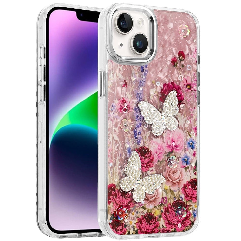 Phone Case for Apple iPhone 14 /iPhone 13 Glitter Butterfly Design Metal Buttons Shockproof Hybrid TPU + PC Durable Protective Slim Grip Stylish Cover