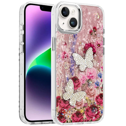 Phone Case for Apple iPhone 14 /iPhone 13 Glitter Butterfly Design Metal Buttons Shockproof Hybrid TPU + PC Durable Protective Slim Grip Stylish Cover
