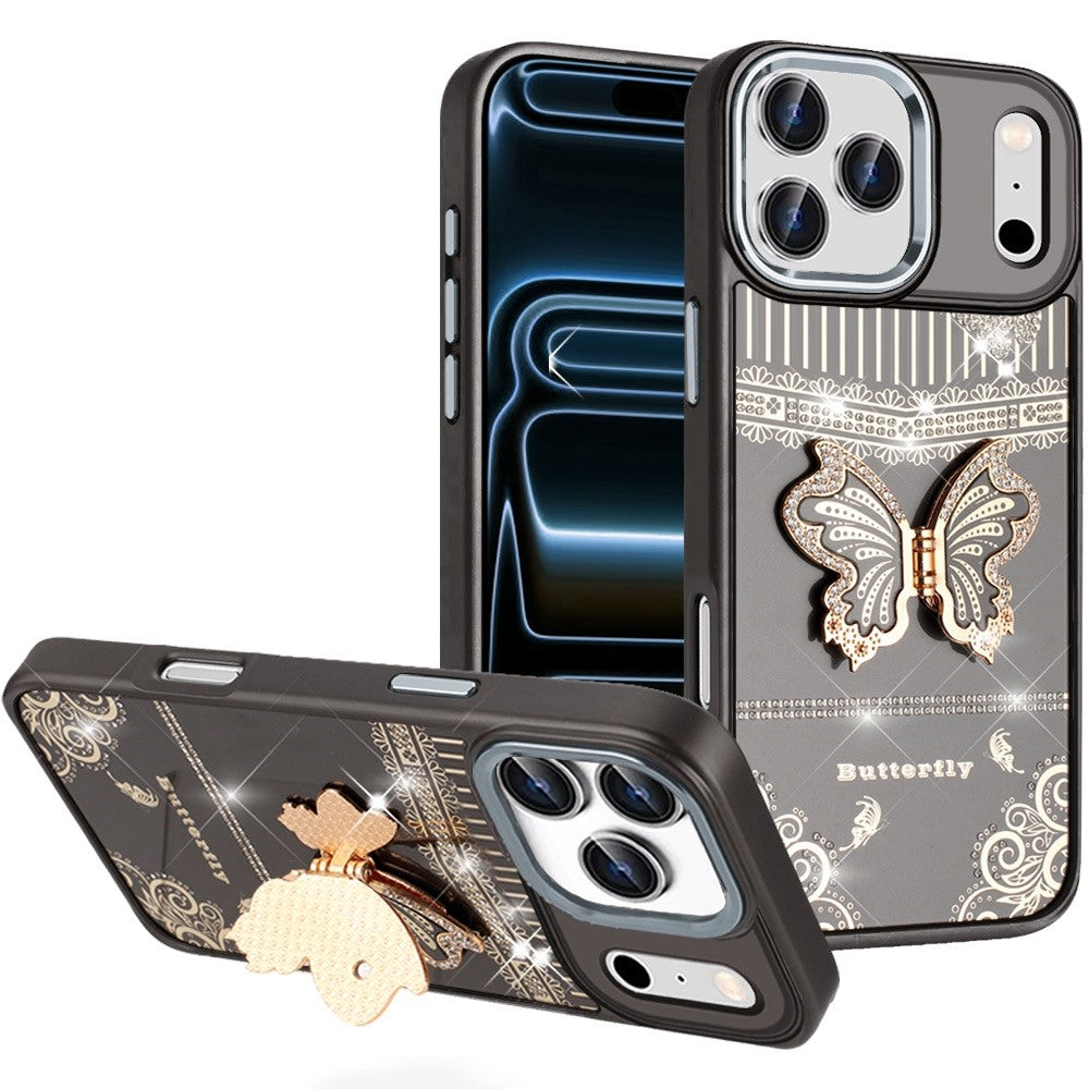 Phone Case for Apple iPhone 18 Pro Glitter Bling Butterfly Stand Metallic Edge Hybrid Shockproof Grip Durable Camera Protection Stylish Design Cover