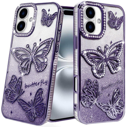 Phone Case for Apple iPhone 16 Plus Butterfly Freedom Shimmer Glitter Thick TPU Shockproof Anti Slip Durable Protective Design Cover Purple