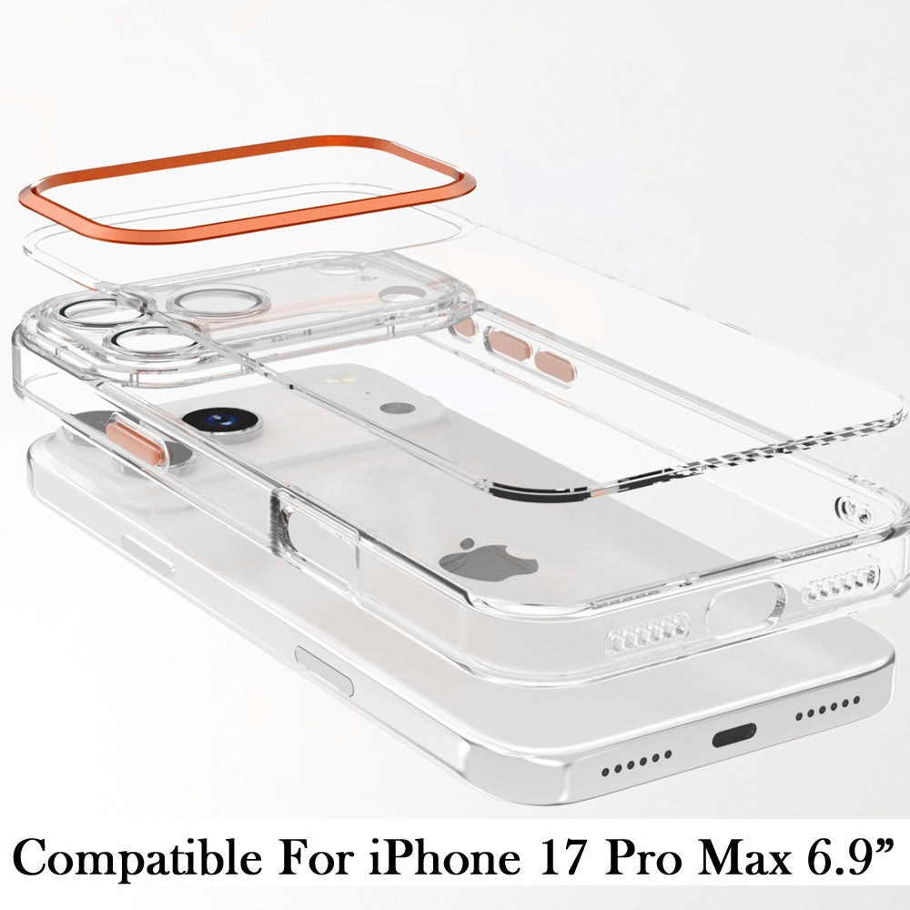 Phone Case for Apple iPhone 17 Pro Max (6.9") Transparent Clear Hybrid Metal Button Camera Guard Shockproof Gummy TPU Slim Protective Grip Cover Cosmic Orange