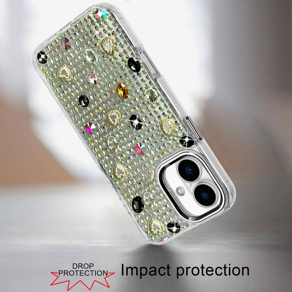 Phone Case for Apple iPhone 18 Chrome Fashion Hybrid Bling Diamond Heart Rhinestone Decorative Stones Sparkling Embellished Design Cover