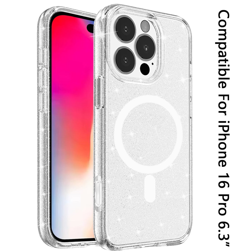For Apple iPhone 16 Pro MagSafe Compatible Glitter Sparkle Bling Hybrid Case with Magnetic Circle, Slim TPU & Hard PC Frame Case Cover Smoke