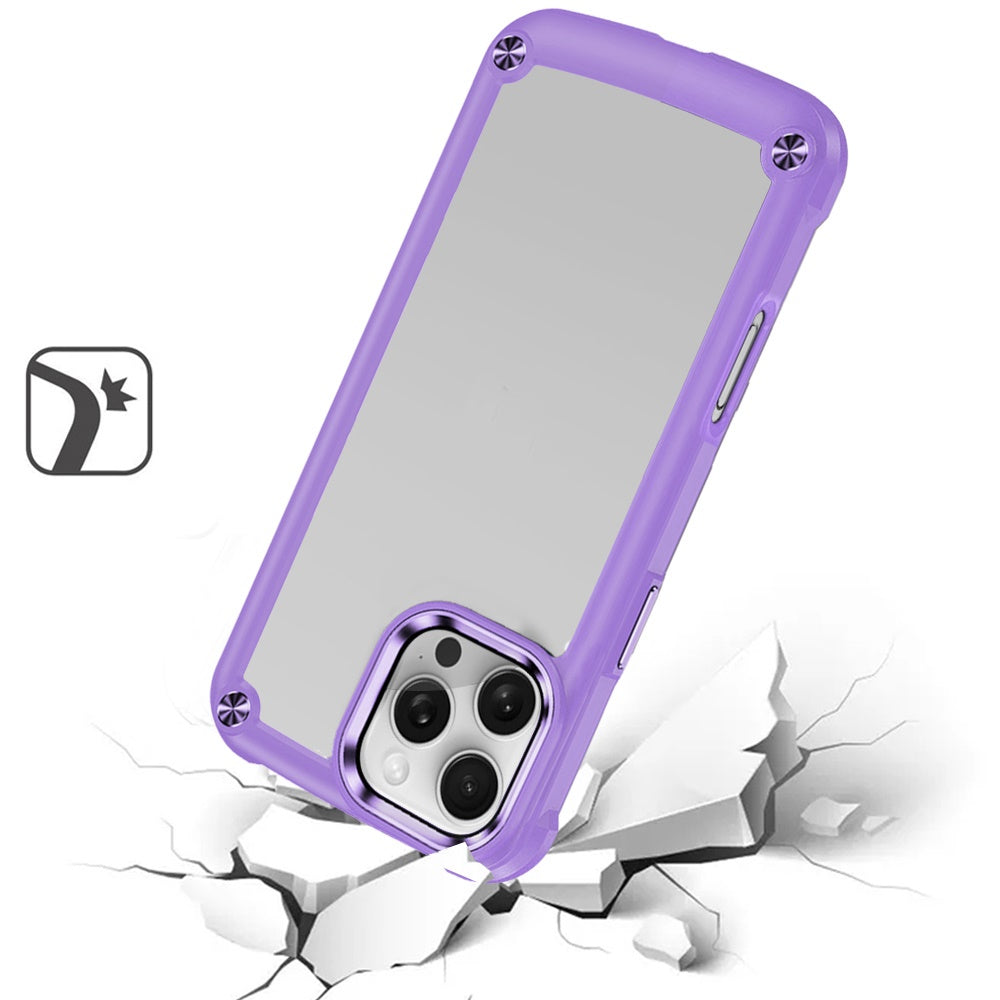 Phone Case for iPhone 16 Pro Max Ultimate Hybrid Transparent Rubber with Metal Buttons & Camera Edges, Hard TPU Frame Corner Bumper Cover Purple