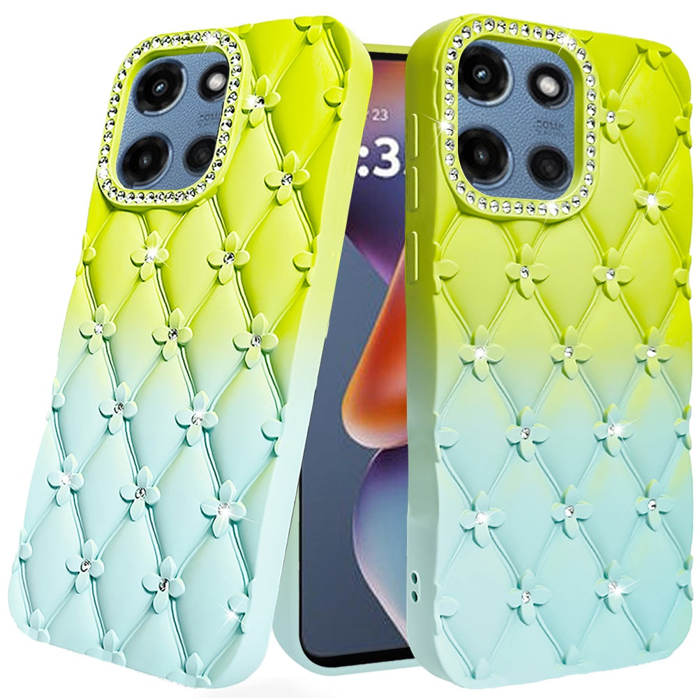 For Motorola Moto G 5G 2026/2025 Fashion Flower Design Sparkle Glitter Shimmer Rhinestone Bling Floral Accents, Leather Texture TPU Case Cover Yellow/Green