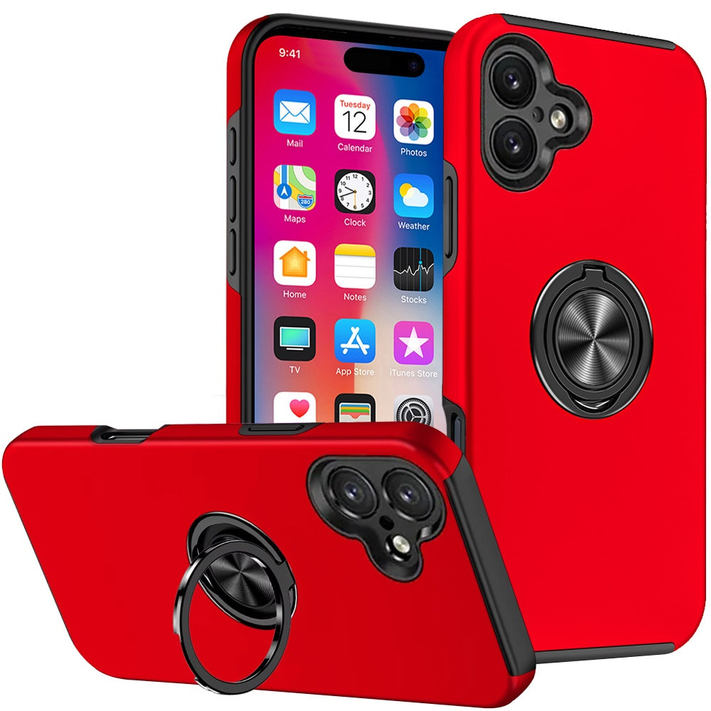 For Apple iPhone 16 (6.1") Hybrid Slim Kickstand with Metal Invisible Ring Stand Holder Fit Magnetic Car Mount Shockproof Case Cover