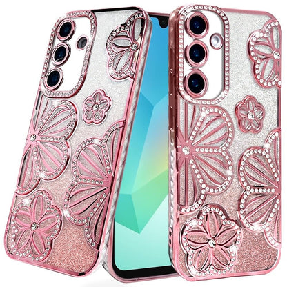 For Samsung Galaxy A16 5G Luxury Flower Design Sparkle Glitter Diamond Rhinestone Shimmer Bling Plating Thick TPU Hard PC Case Cover Rose Gold