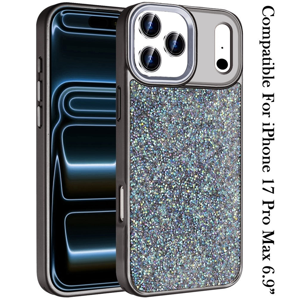 For Apple iPhone 17 Pro Max (6.9") Crystal Sparkle Diamond Glass Full Mini Glitter Bling Frame TPU Hybrid Protective Case Cover Black