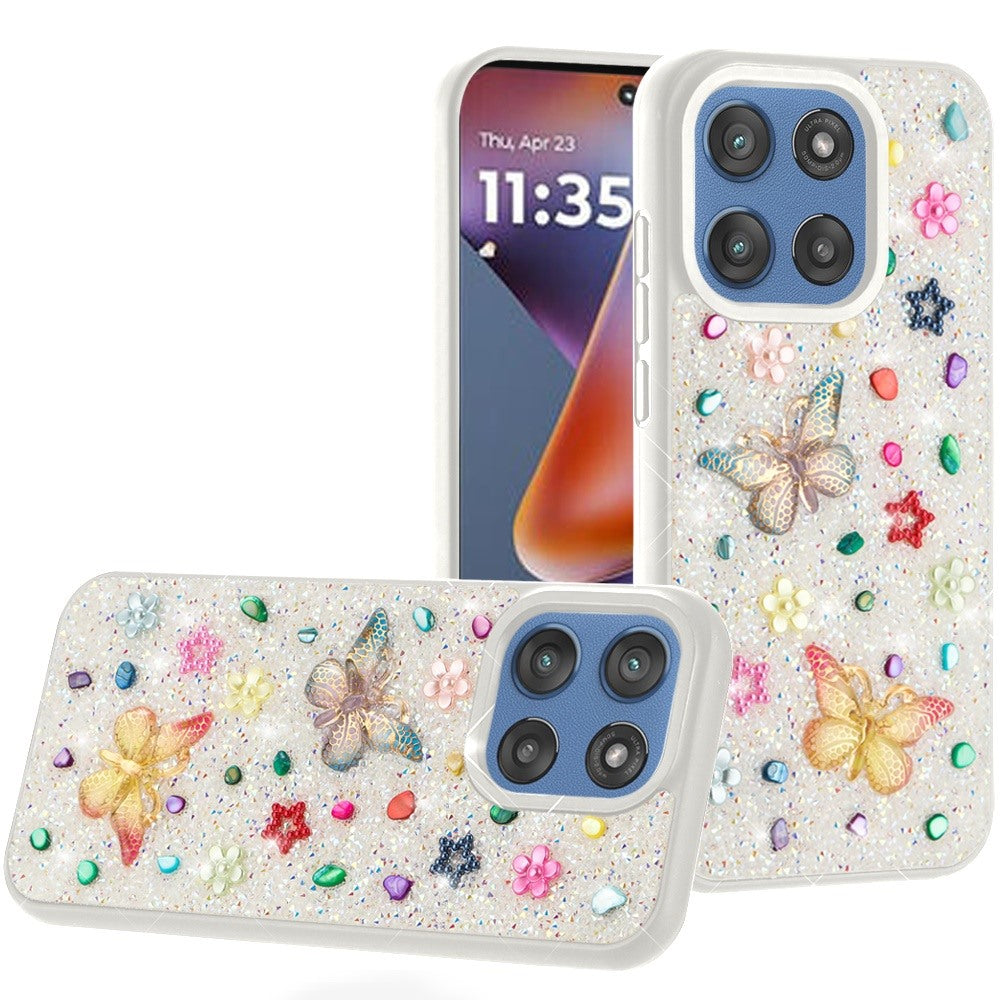 For Motorola Moto G 5G 2025 Diamond Butterfly 3D Glitter Bling Design, Slim Hybrid Sparkle Protective Cover TPU for Women Girls Case Cover White