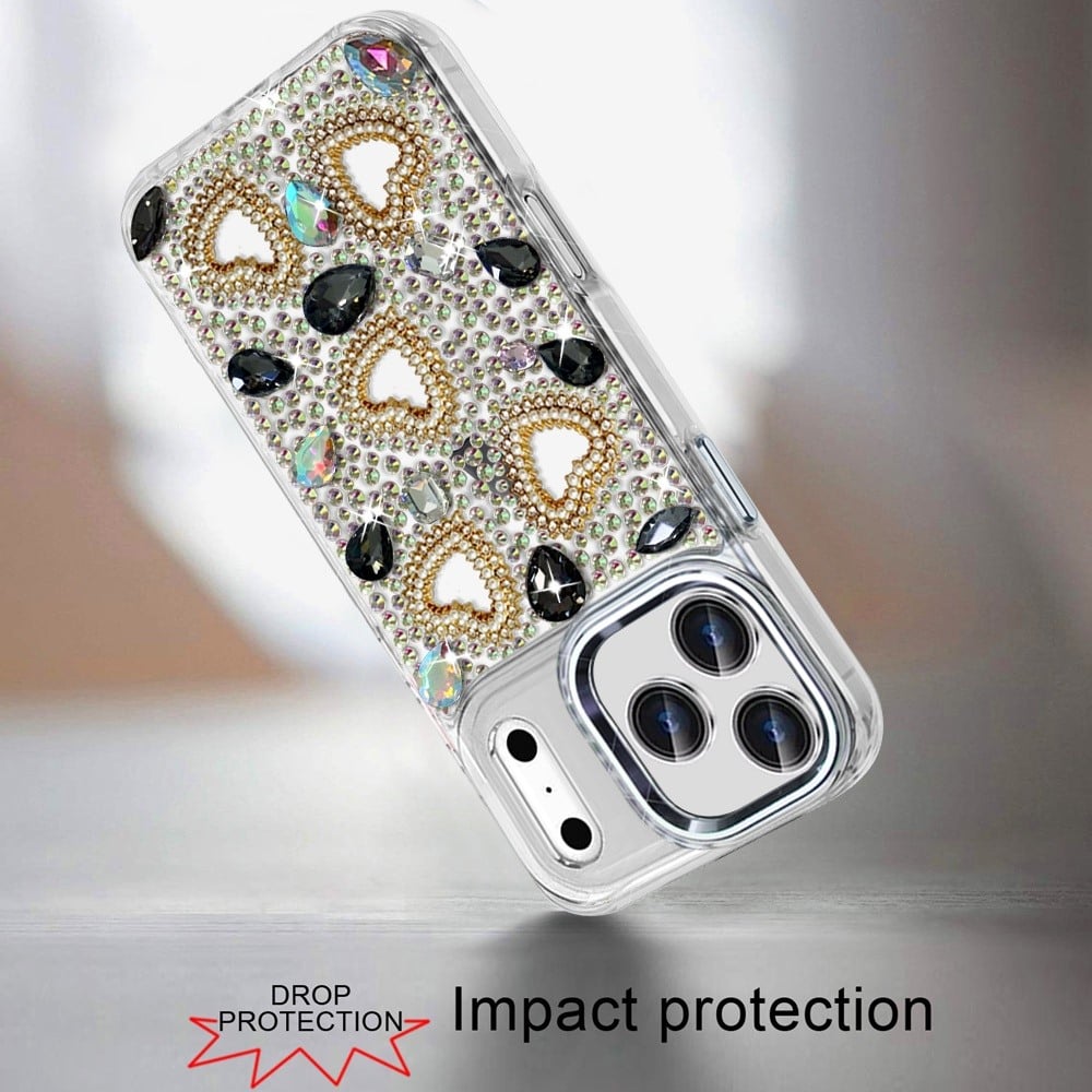 Phone Case for Apple iPhone 17 Pro Luxury Crystal Heart Rhinestone Diamond Bling Shockproof Hybrid Glitter Protective Stylish Durable Grip Cover