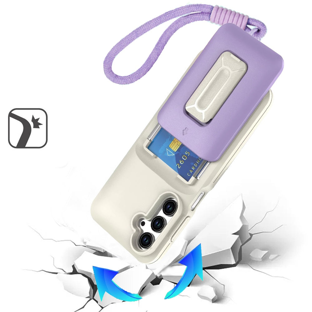 For Samsung Galaxy A16 5G Wallet Case with 2- Credit Card Holder, Wrist Strap & Kickstand Hybrid Shockproof TPU Case Cover Beige+Light Purple