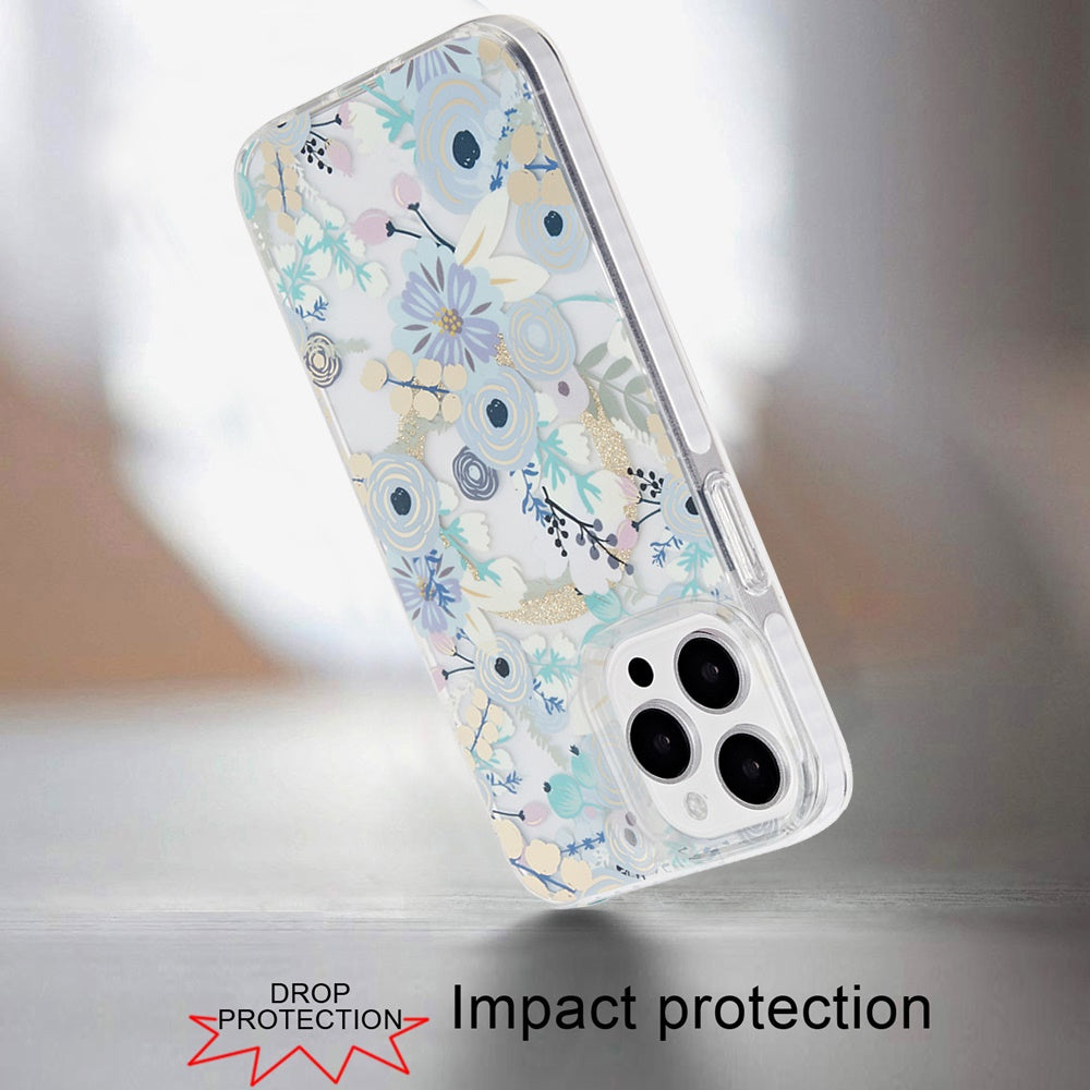 Phone Case for Apple iPhone 14 Pro Max Magnetic Double Layer IMD Hybrid Hard PC Soft TPU Shock Absorbing Stylish Floral Pattern hard shell slim fit Cover Blue