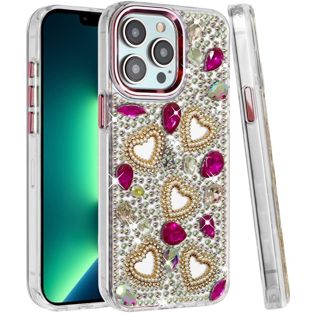 Phone Case for Apple iPhone 13 Pro Max Luxury Crystal Heart Rhinestone Diamond Bling Shockproof Hybrid Glitter Protective Stylish Durable Grip Cover
