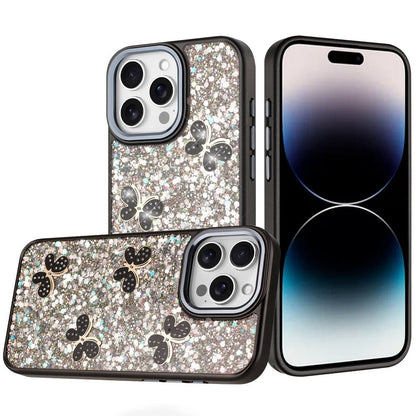 For iPhone 14 Pro Max (6.7") Cute Butterfly Crystal Diamond Glitter Case Sparkle Bling Frame Metallic Edges, Shimmer TPU Hybrid Case Cover